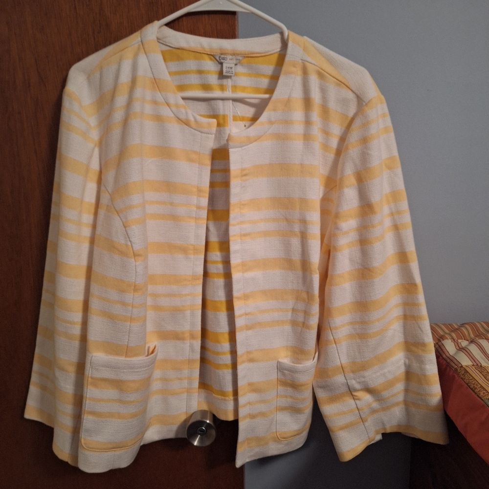 Cato Cream and Yellow Striped Open Front Blazer W/ Pockets Size 24